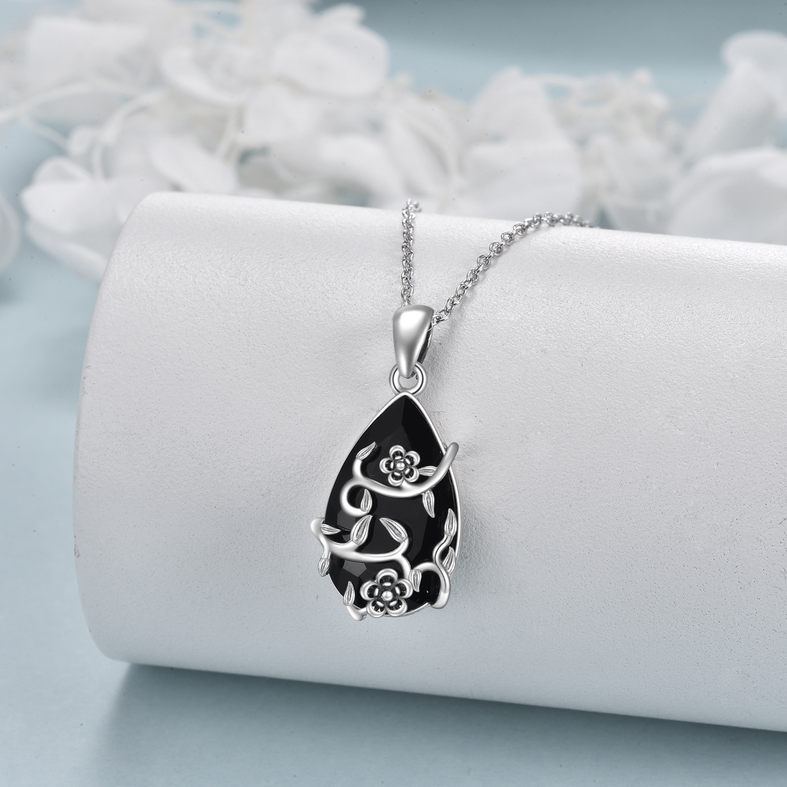 Women's Adjustable Vintage Flower Necklace with Black Obsidian Pendant